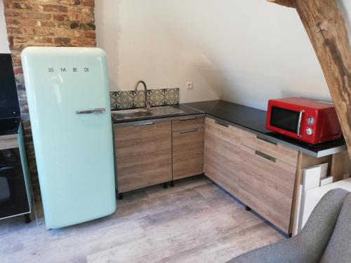 a kitchen with a refrigerator and a microwave at Au cochon qui rit in Flines-lès-Mortagne