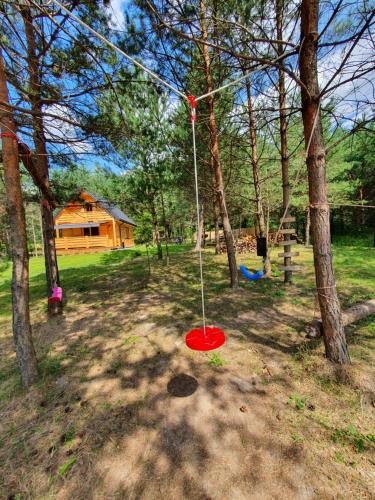 a red swing in the middle of a yard with trees at Bajka Domek na Roztoczu in Bondyrz