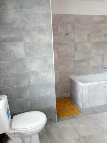 a bathroom with a white toilet and a bath tub at Ubytovanie u Tomku in Rejdová