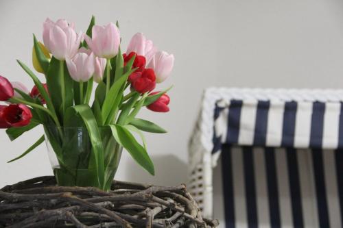 un jarrón de tulipanes rosas y rojas sentado en una mesa en Pension Frisia en Norddeich