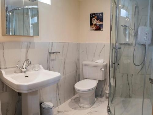 a bathroom with a toilet and a sink and a shower at The Post House in Kinsale