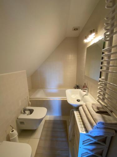 a white bathroom with a sink and a toilet at Apartament Babia Góra in Zawoja