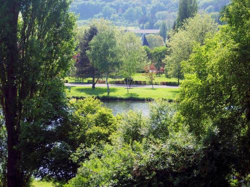 Blick auf einen Fluss in einem Park mit Bäumen in der Unterkunft Landgasthof Ralinger Hof in Ralingen