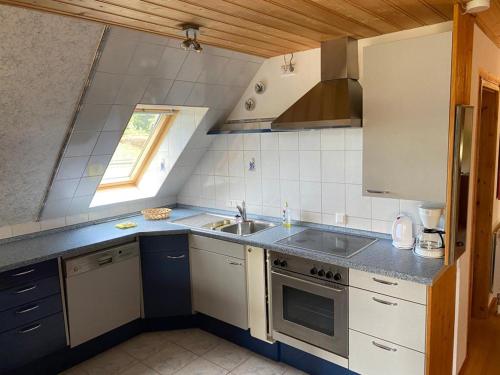 una cucina con lavandino e piano cottura forno superiore di Ferienwohnung Rosenweg a Rambin