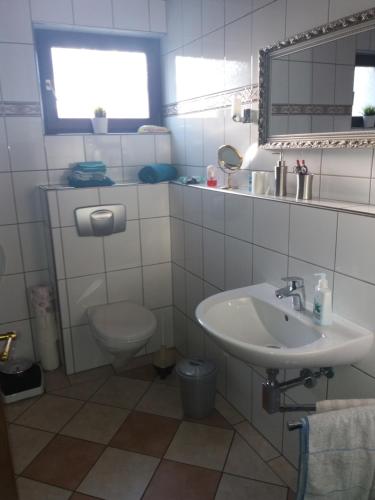 ein Badezimmer mit einem Waschbecken, einem WC und einem Spiegel in der Unterkunft Ferienwohnung Konz in Merzig