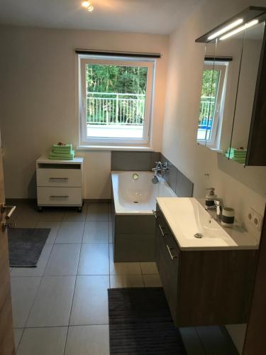 uma casa de banho com um lavatório e uma grande janela em Apartments Traun-haft em Bad Aussee