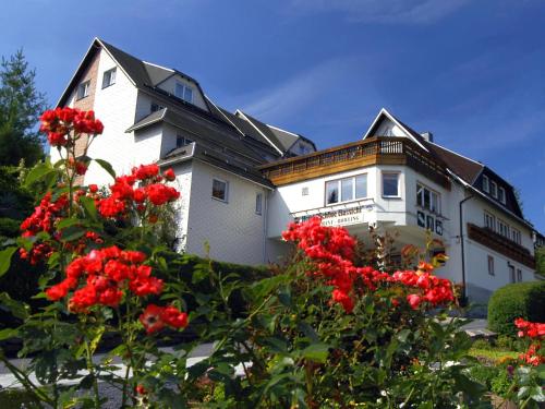 a large white house with red flowers in front of it at Hotel Schöne Aussicht in Steinach