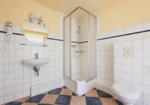 a bathroom with a toilet and a sink at Familien- und Freizeithotel Gutshaus Petkus in Petkus