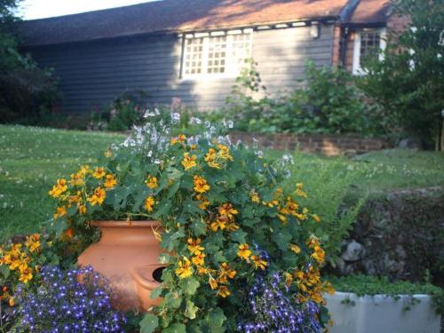 een vaas gevuld met bloemen voor een huis bij Oak House Farm in Edenbridge