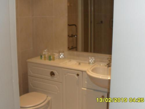 a bathroom with a sink and a toilet and a mirror at The Old Library & Lodge in Arisaig