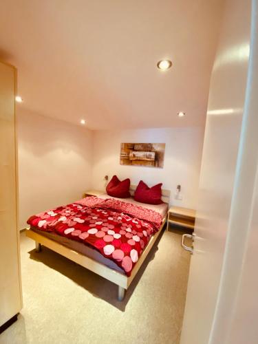 a bedroom with a bed with red pillows at Modernes Apartment am Bodensee in Wasserburg