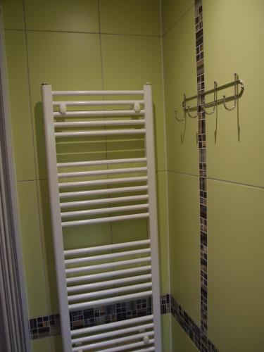 a shower door in a bathroom with a guitar on the wall at Penzion Cabák in Vrchlabí