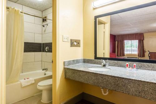 uma casa de banho com um lavatório, um WC e um espelho. em Econo Lodge Charlotte Airport Area em Charlotte