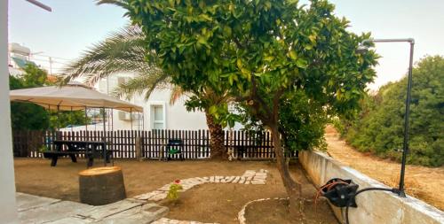 a tree in a yard next to a fence at JustSmile - Seaview Maisonette in Latchi in Polis Chrysochous