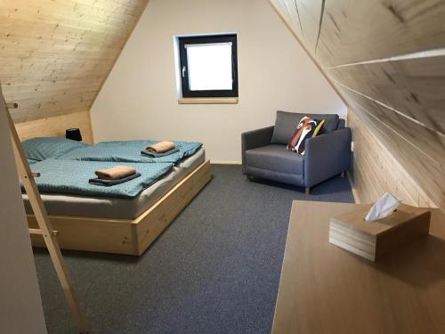 een slaapkamer met een bed en een stoel in een kamer bij Chata Bellis in Černá v Pošumaví