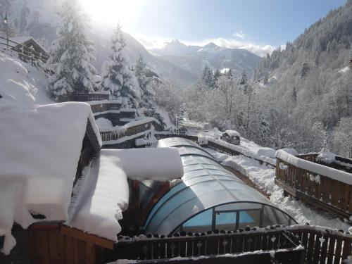 un tren cubierto de nieve en una montaña en Résidence Les Edelweiss en Champagny-en-Vanoise