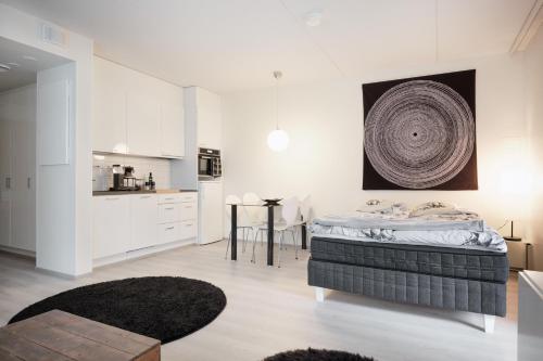 cocina y sala de estar con cama en Stylish Studio In Pasila, en Helsinki