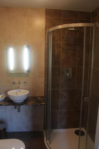 a bathroom with a shower and a sink at The Swallows in Seend