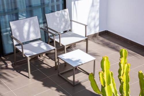 two chairs and a cactus on a balcony at Migjorn Ibiza Suites & Spa in Playa d'en Bossa