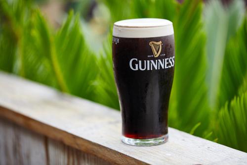 a pint of beer sitting on a wooden rail at The Martello Hotel in Bray
