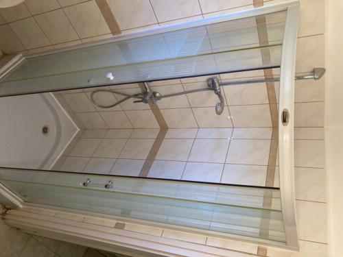 a shower in a bathroom with a glass wall at Éden Fonyód in Fonyód