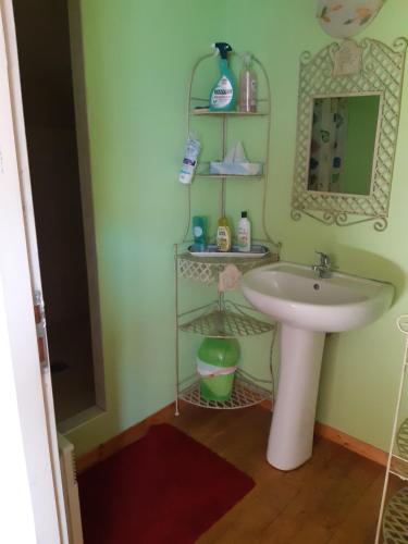 une salle de bain avec un lavabo et un miroir dans l'établissement Le Bukarou, à Saint-Léon-dʼIssigeac