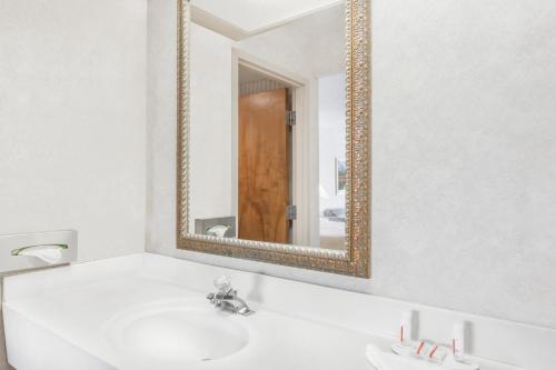 een badkamer met een witte wastafel en een spiegel bij Relax Inn Greeneville in Greeneville