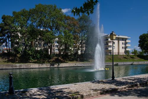 a fountain in the middle of a pond with a building at Domitys - L'Atlas in Arras