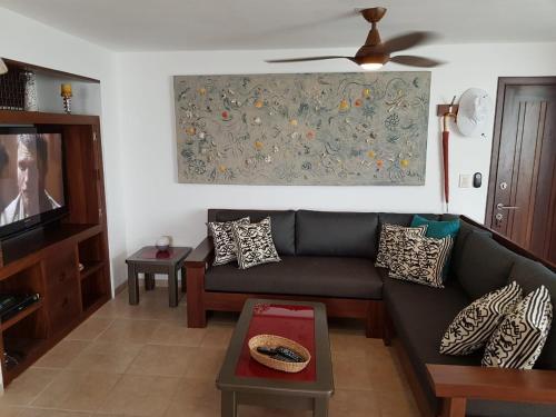 a living room with a couch and a tv at departamento de lujo, Puerto Vallarta. Mexico in Puerto Vallarta