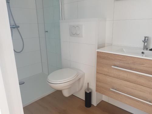a white bathroom with a toilet and a sink at Vakantiehuis Huisje 31 Zoutelande in Zoutelande
