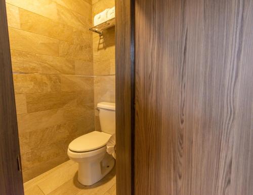 a bathroom with a toilet and a wooden wall at Hotel Hidalgo in Querétaro