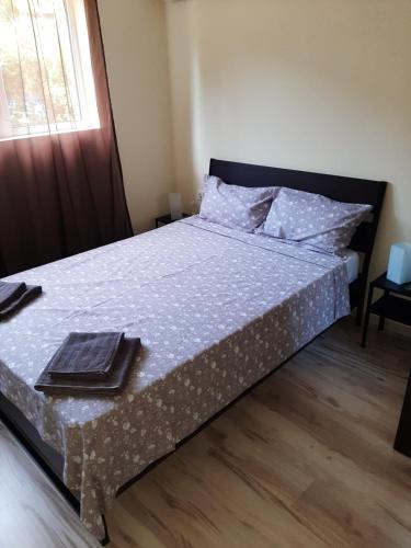 a bedroom with a large bed with a wooden floor at Black Sea treasure in Varna City