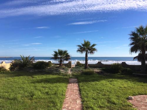 un camino que conduce a la playa con palmeras en Beach House Villa Roca, en Cullera