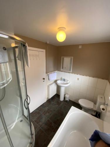 ein Bad mit einer Dusche, einem Waschbecken und einem WC in der Unterkunft No. 20 in Inverness