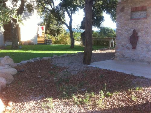 a yard with a tree and a stone building at Residence Agula Mora in Lecci