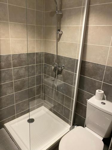 La salle de bains est pourvue d'une douche et de toilettes. dans l'établissement La Bâtisse de Chabot n°8, à Montluçon