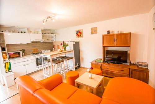 a living room with an orange couch and a kitchen at Malovaný dvoreček in Dolní Dunajovice