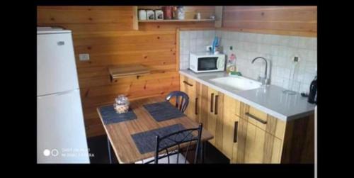 a kitchen with a table and a sink and a refrigerator at בקתות היובל in Qiryat Shemona