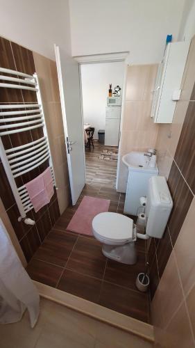 a bathroom with a toilet and a sink at Junior Apartman in Gyula