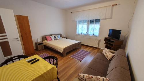 a living room with a couch and a bed at Junior Apartman in Gyula