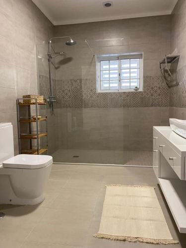 a bathroom with a shower and a toilet and a sink at Casal da Rita Campestre in Vaqueiros