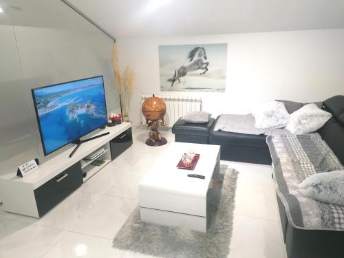un soggiorno con divano e TV a schermo piatto di Premium Two-bedroom Apartment a Viskovo