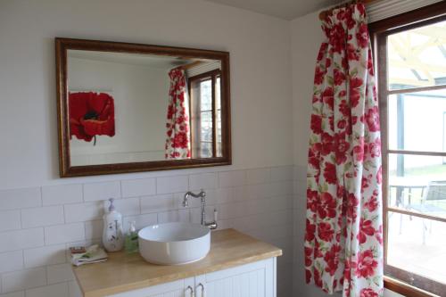 a bathroom with a sink and a mirror at Victoria Cottage in Robe