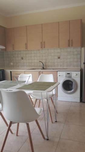 a kitchen with a table and chairs and a washing machine at Evdokia's Apartments and Rooms in Neos Marmaras