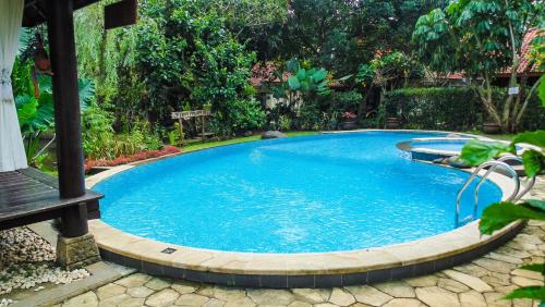 a large swimming pool in a garden with a bench at Pendopo 45 Resort in Bogor