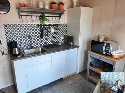 uma cozinha com um lavatório e um micro-ondas em Studio Bluuven em Scharendijke