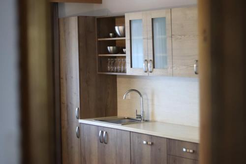 a kitchen with a sink and wooden cabinets at Vila Anička Vimperk in Vimperk