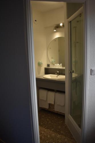 La salle de bains est pourvue d'un lavabo et d'un miroir. dans l'établissement Cat'Hotel, à Bourg-de-Péage