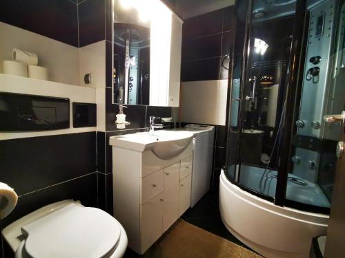 ein Bad mit einem WC, einem Waschbecken und einer Dusche in der Unterkunft Studio G by MRG Apartments in Bukarest