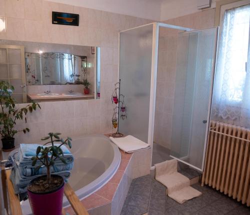 y baño con bañera y ducha. en LA VIGNE, en Chailly-en-Bière